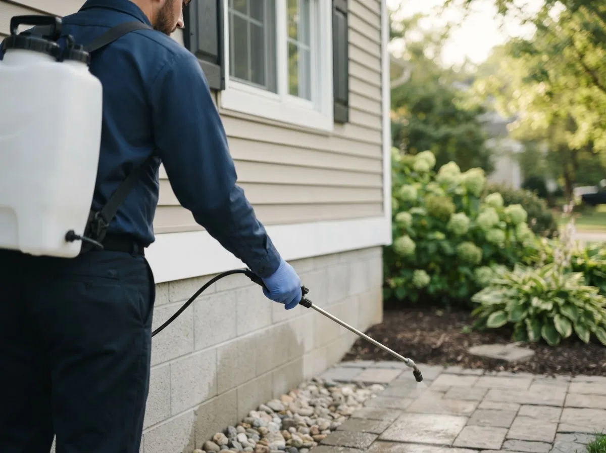 Pest control technician inspecting a home in Polkville, NC